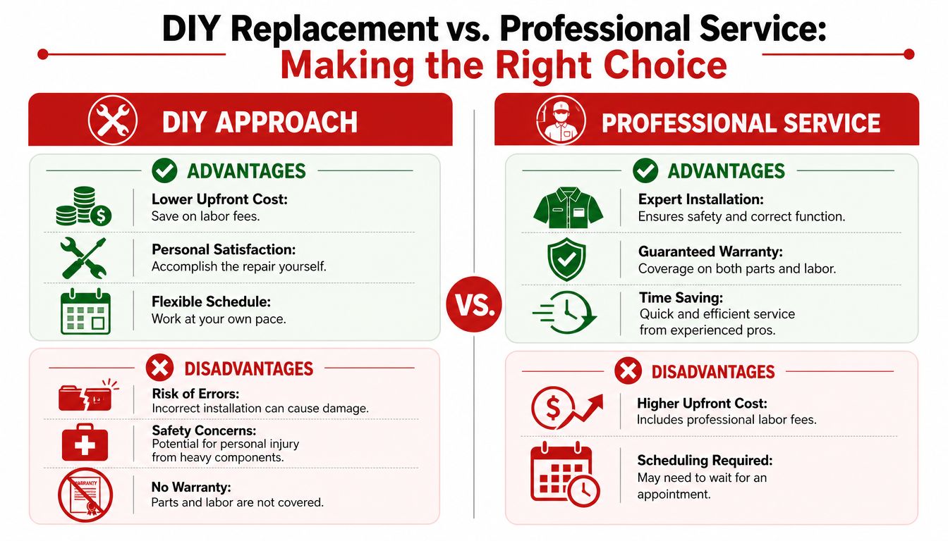 A comparison infographic detailing the advantages and disadvantages of DIY replacement versus hiring professional services.