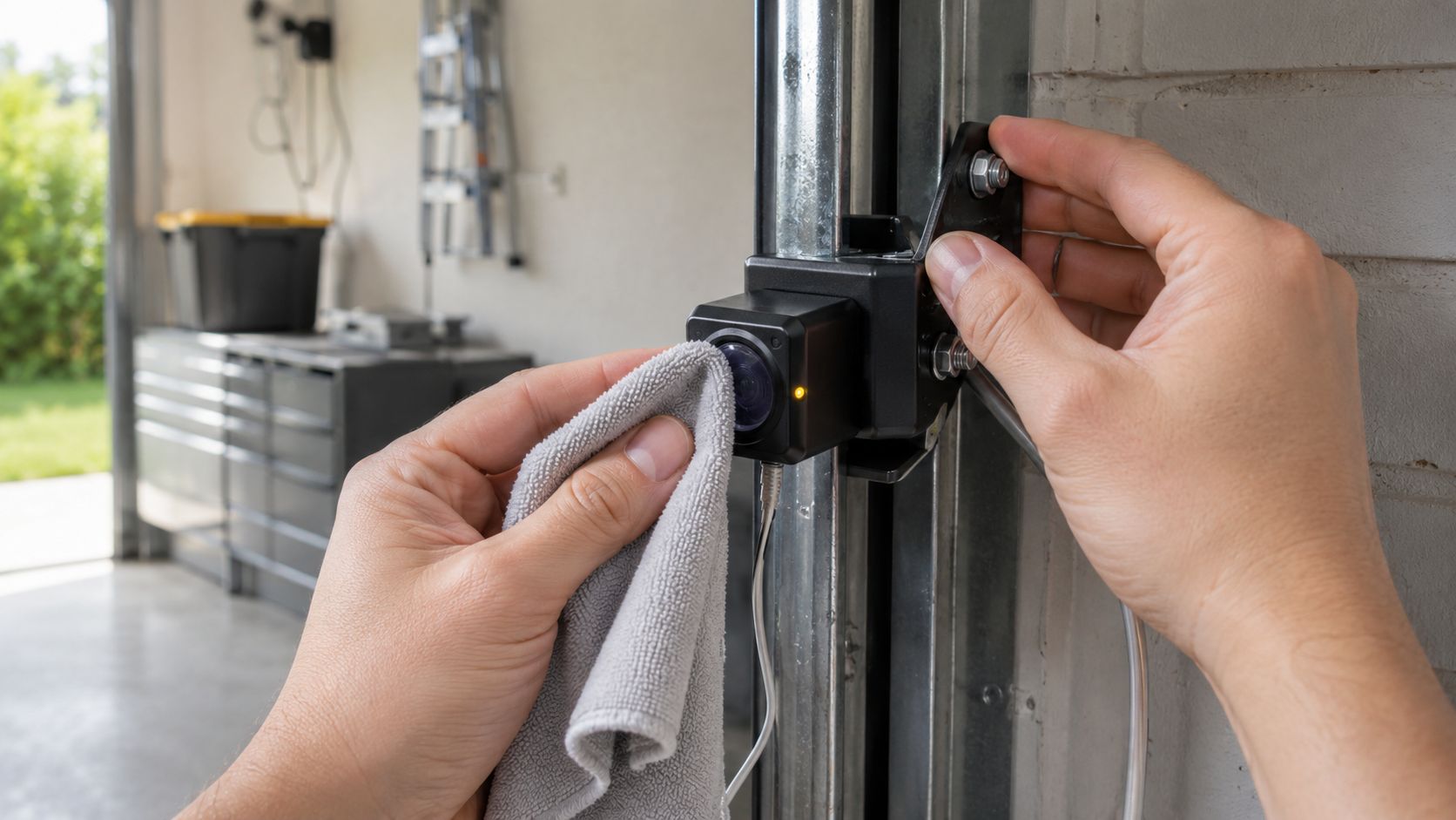 A pair of hands cleaning a garage door safety sensor with a soft gray microfiber cloth.