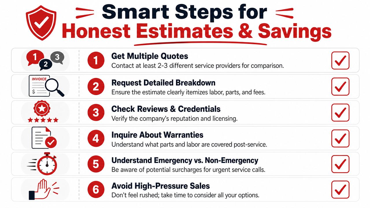 An infographic titled Smart Steps for Honest Estimates and Savings featuring six numbered tips for consumers.