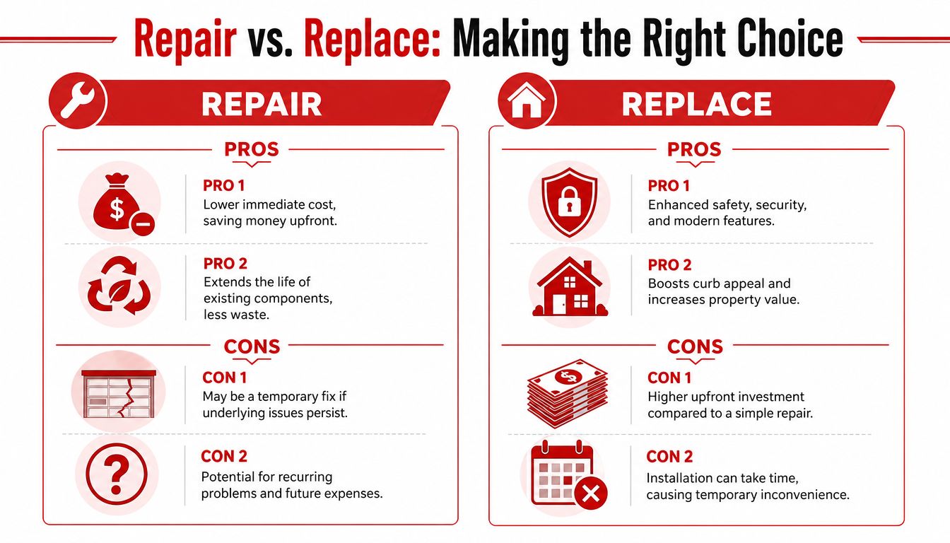A comparative infographic showing the pros and cons of choosing to repair versus replace a garage door.