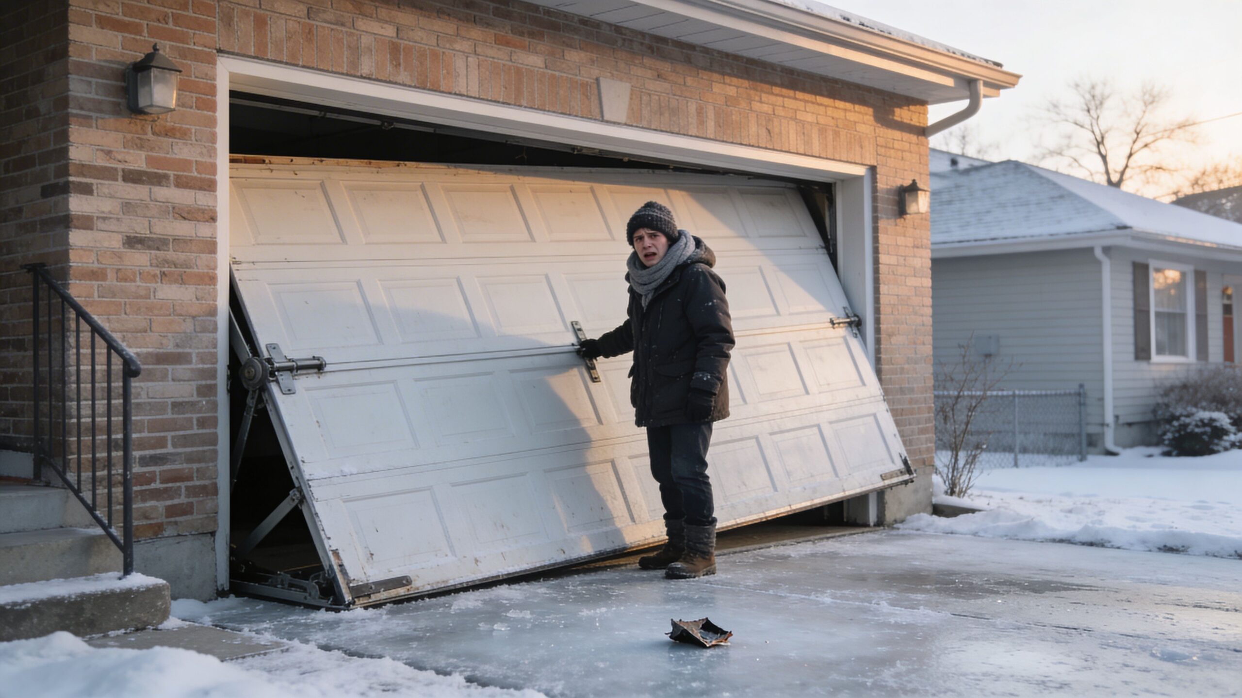 A young man in winter clothing stands outside his home looking worried at a broken garage door.