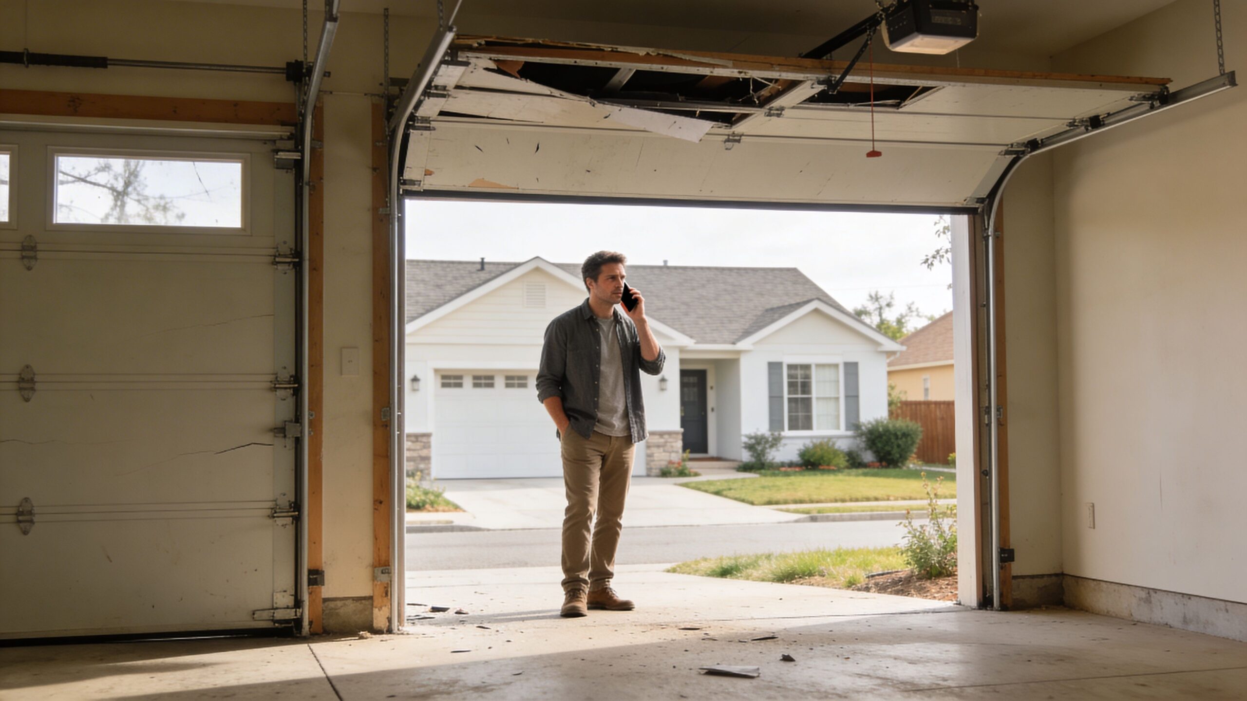 A man standing in a damaged open garage while talking on his mobile phone outside a house.