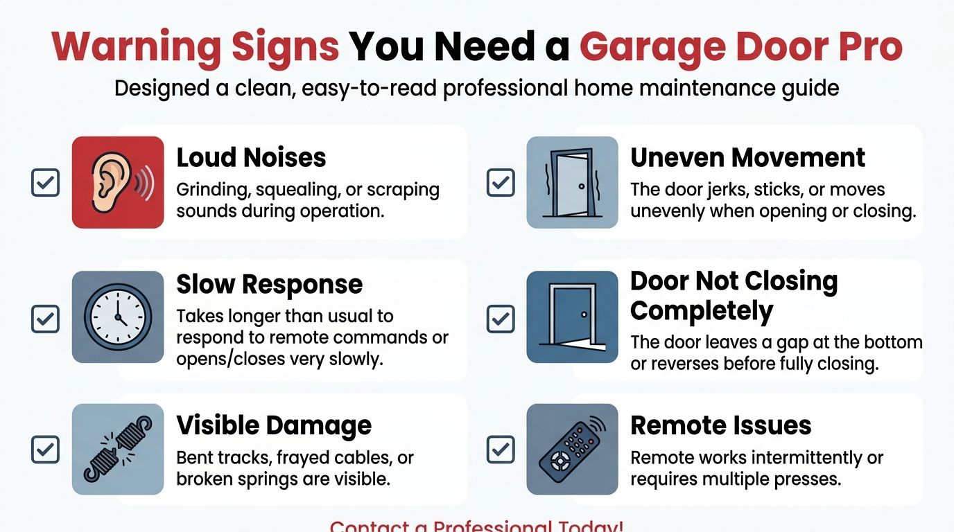 A professional infographic highlighting six common warning signs that your garage door requires professional maintenance and repair.