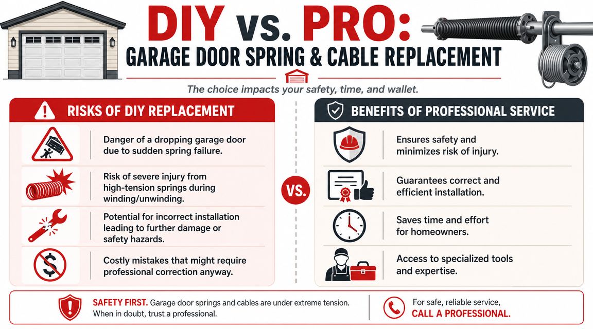 An infographic comparing the risks of DIY garage door spring replacement versus hiring a professional service.