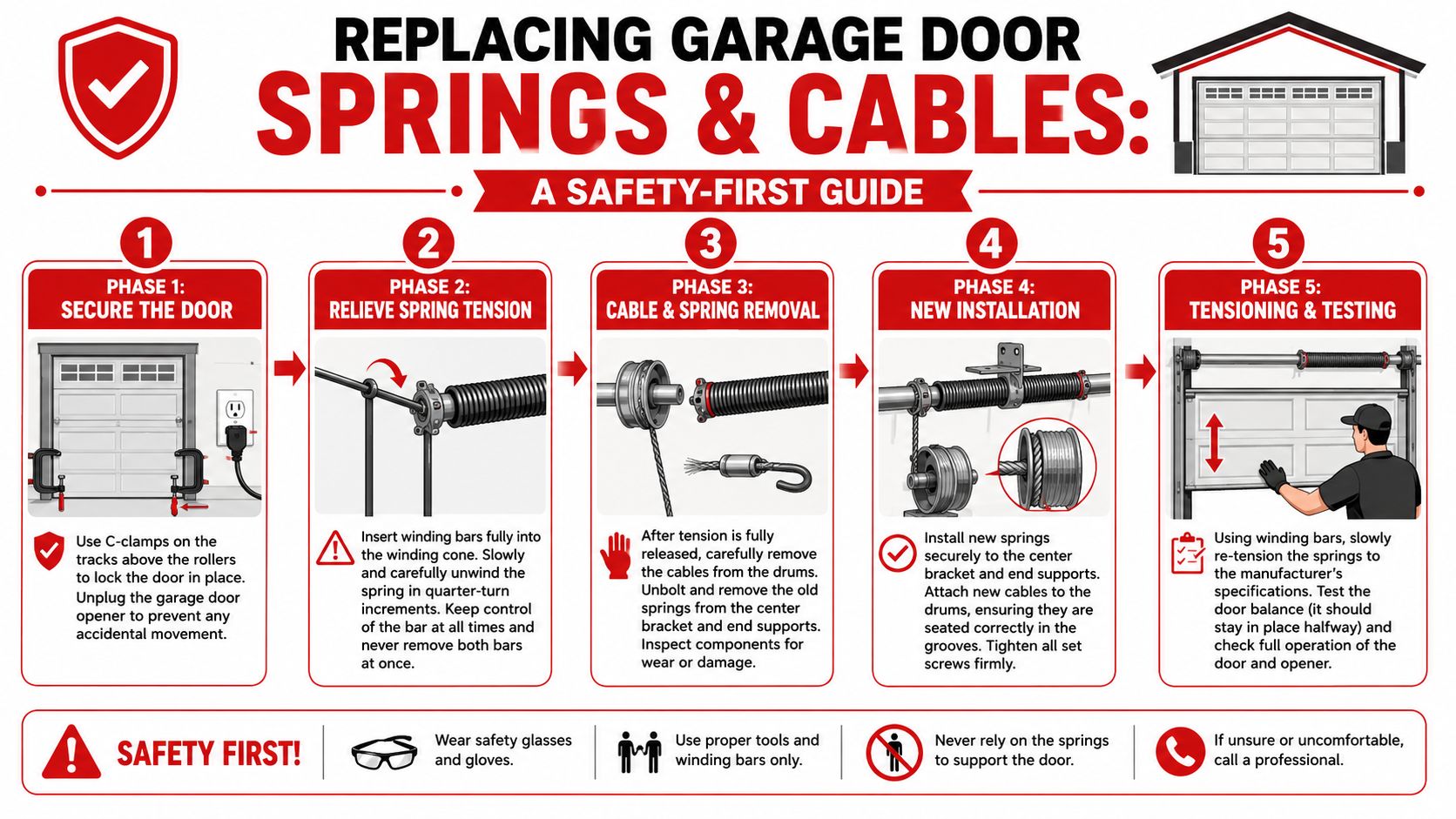 A five-step safety-first guide infographic on how to replace garage door springs and cables safely.