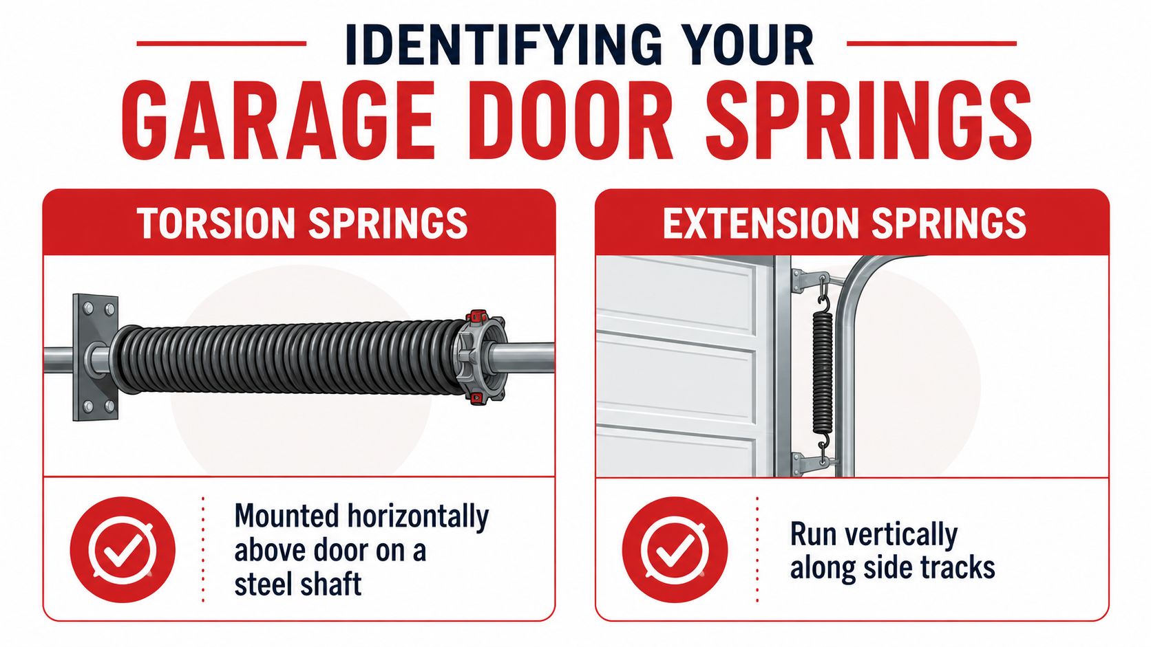 An educational infographic comparing horizontal torsion garage door springs and vertical extension garage door springs.