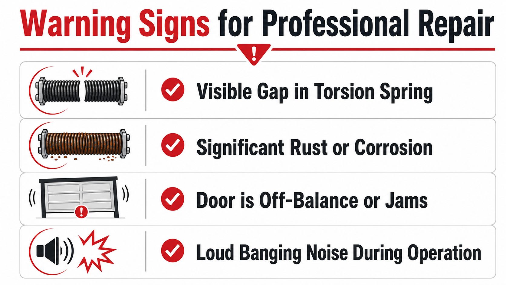 An infographic showing four common warning signs indicating that a professional garage door spring repair is needed.
