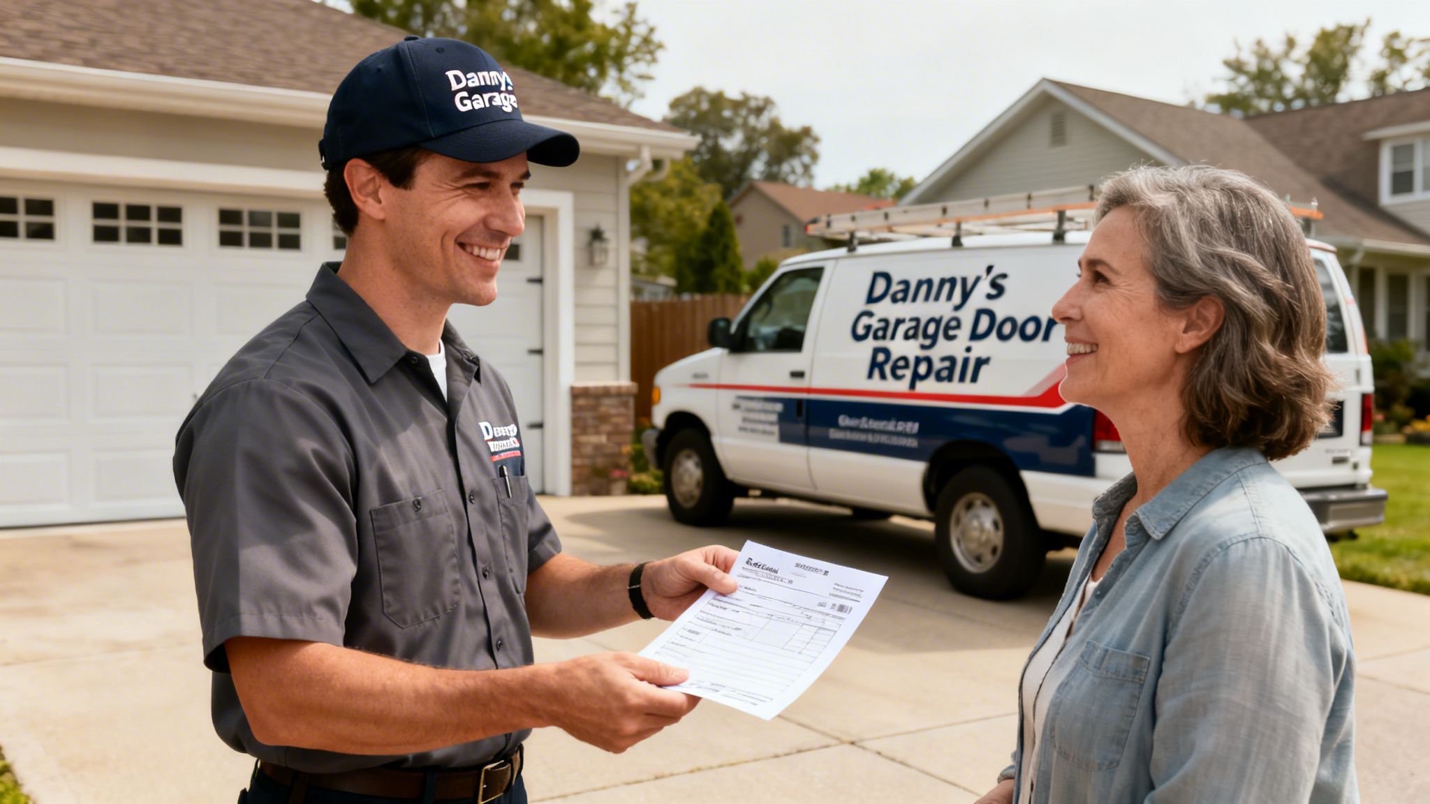 A smiling Danny's Garage Door Repair technician hands paperwork to a happy customer in front of a service van.