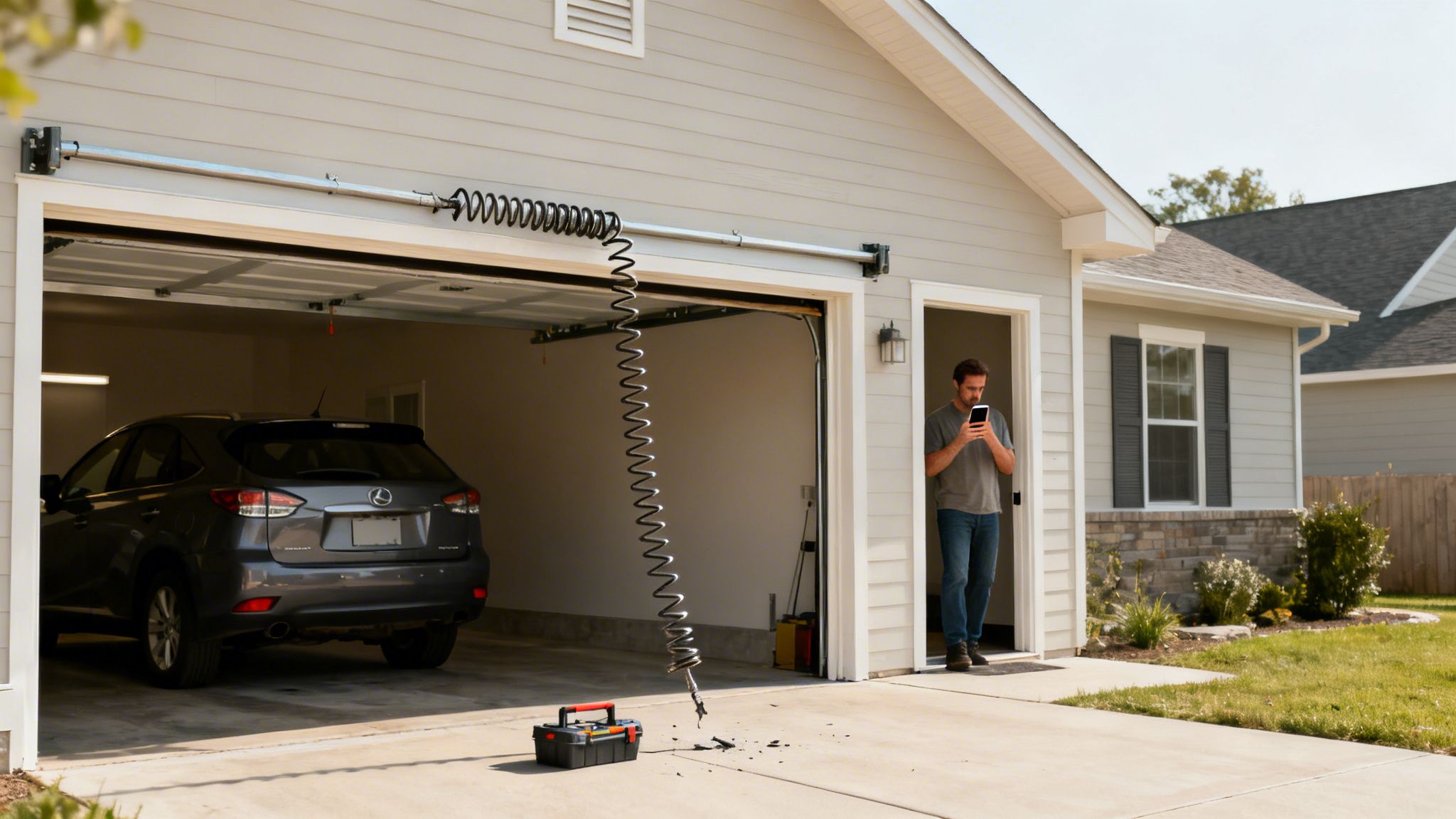 A man looks at his phone outside a garage with a broken garage door spring hanging down. A toolbox is on the ground, and a car is inside the garage.