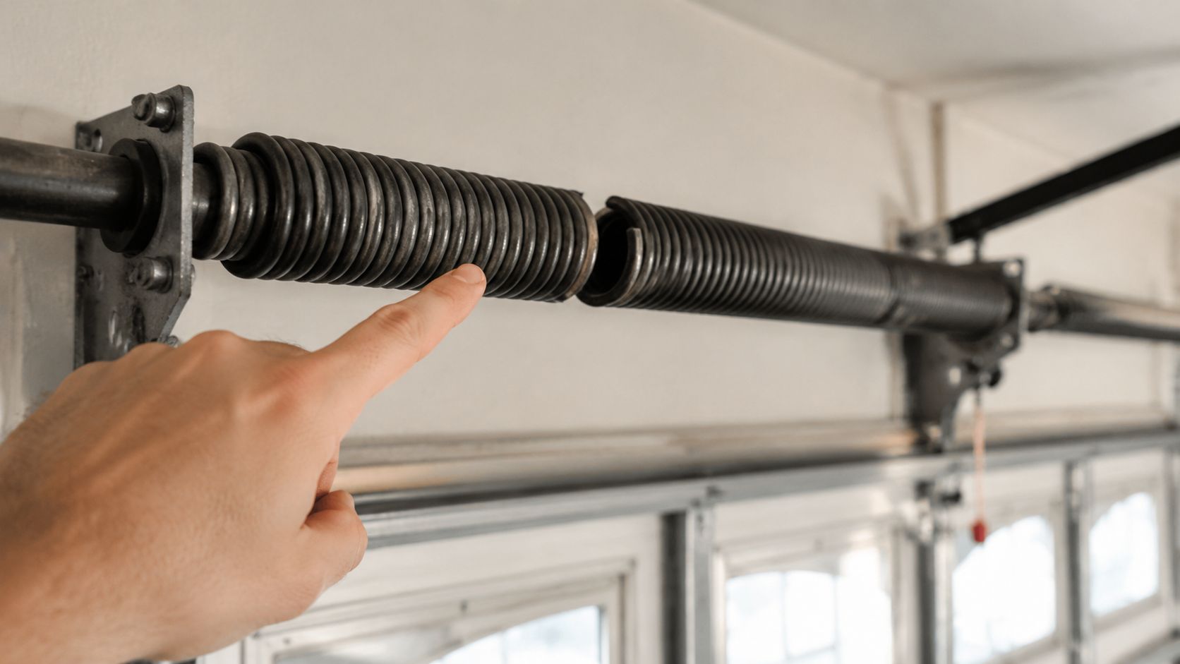 A close-up view of a broken garage door torsion spring showing a clear gap in the metal coils.