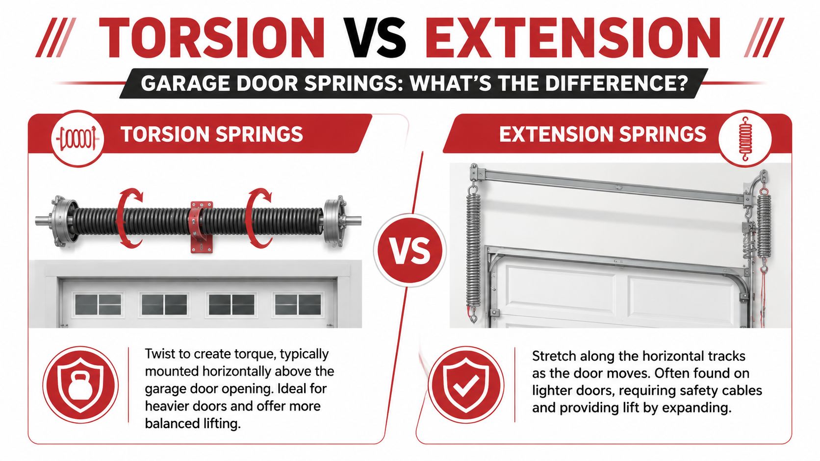 A comparison graphic explaining the structural and functional differences between garage door torsion and extension springs.