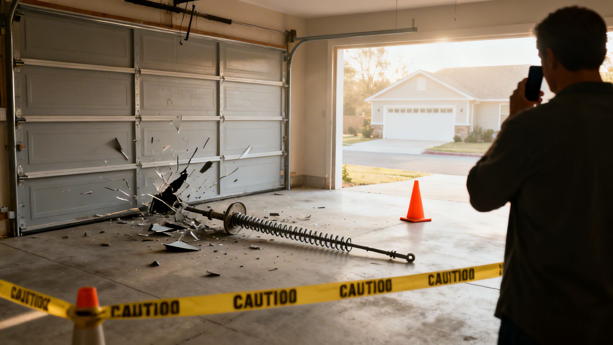 A damaged garage door with a broken spring on the floor, marked by caution tape, as a person documents it.