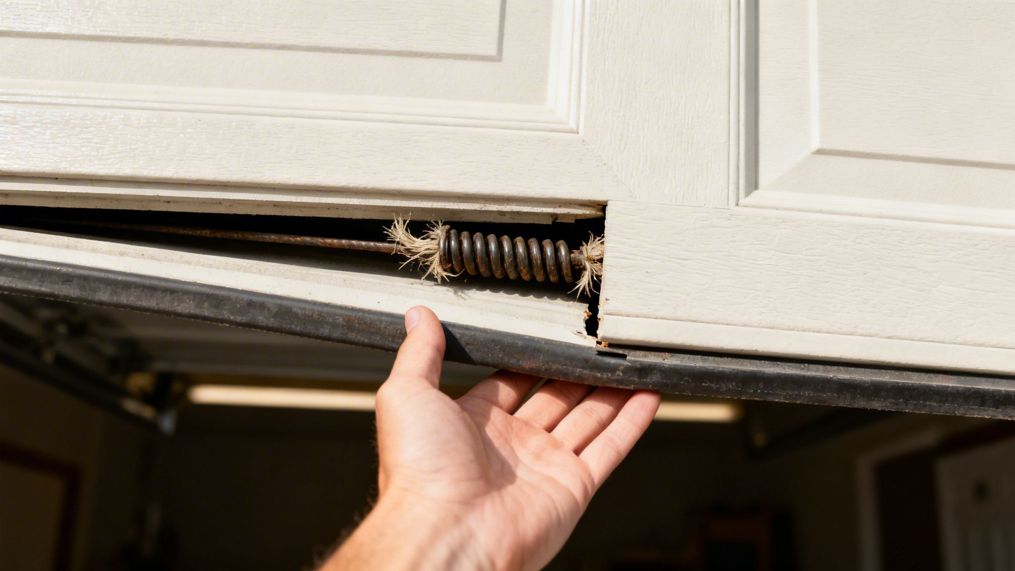 A hand holds up a damaged white garage door revealing a broken spring mechanism.
