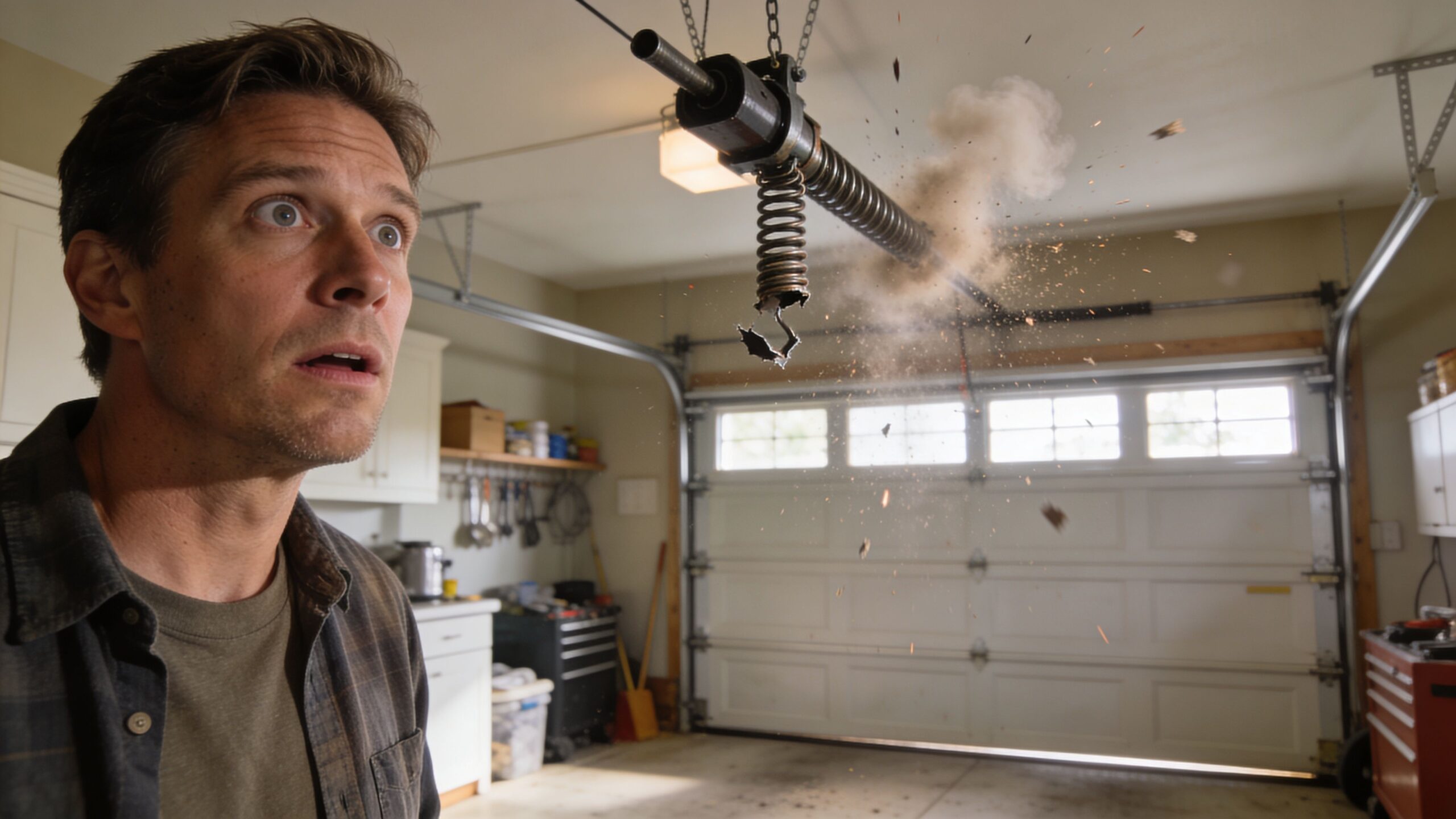 A man looking shocked as a dangerous garage door spring breaks and creates debris in a garage.