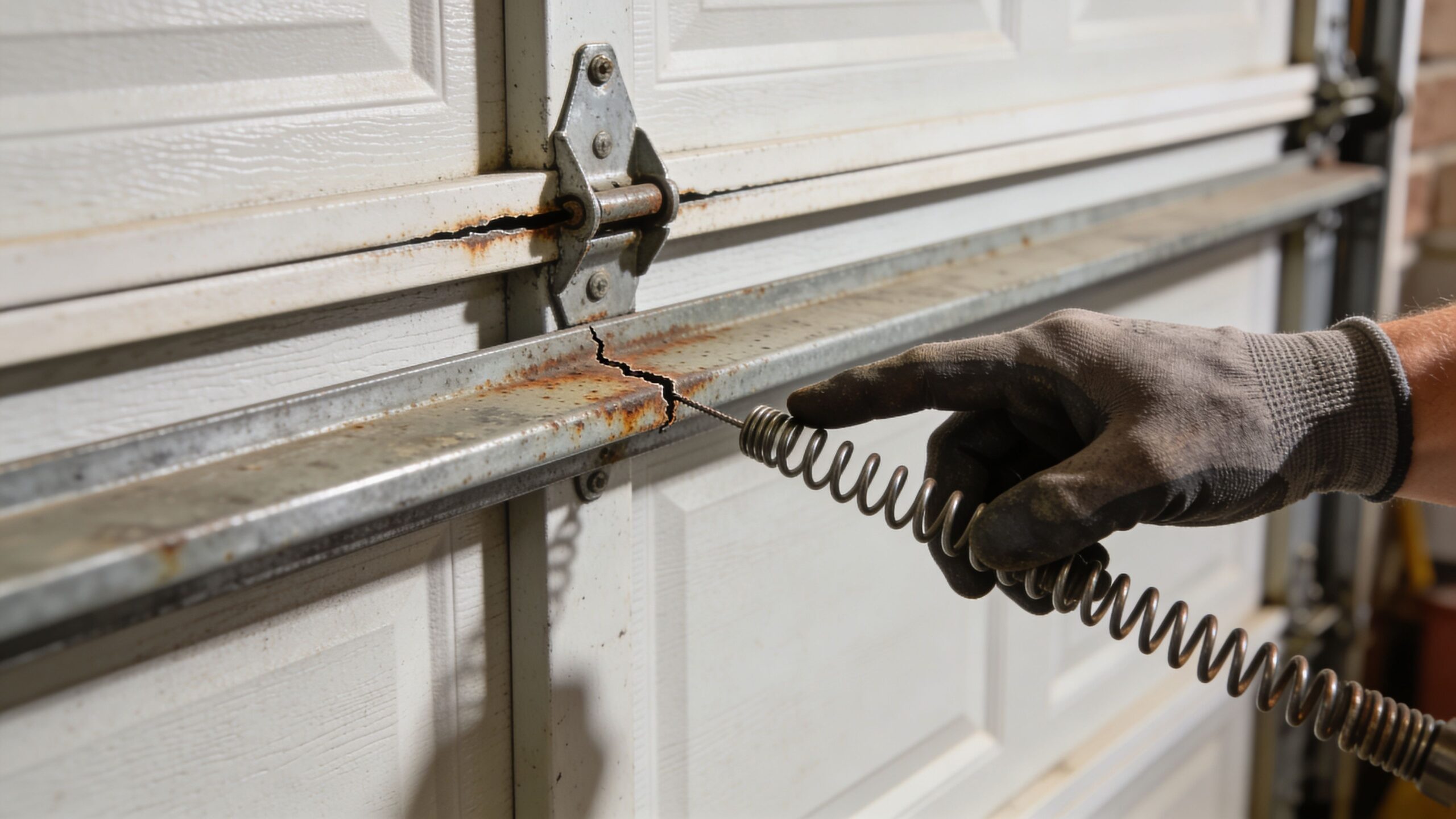 A close-up of a damaged garage door hinge and a metal spring held by a gloved hand.