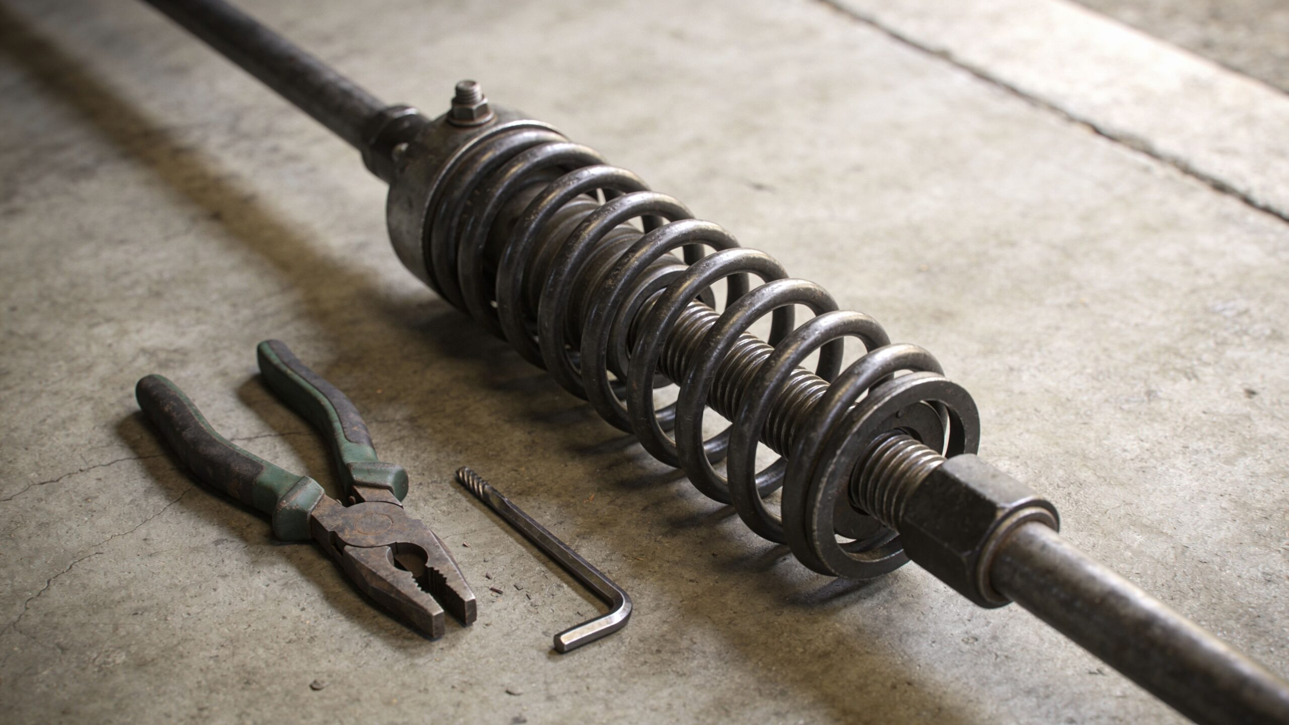 A close up view of a garage door torsion spring repair assembly lying on a concrete floor.