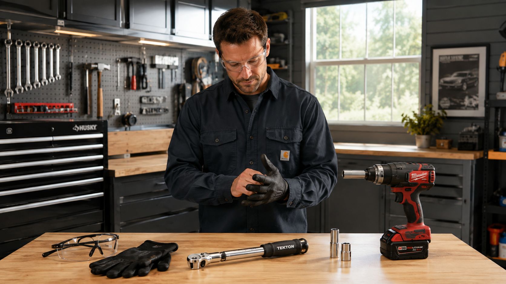 A professional mechanic in a garage preparing tools like a torque wrench and drill for maintenance tasks.