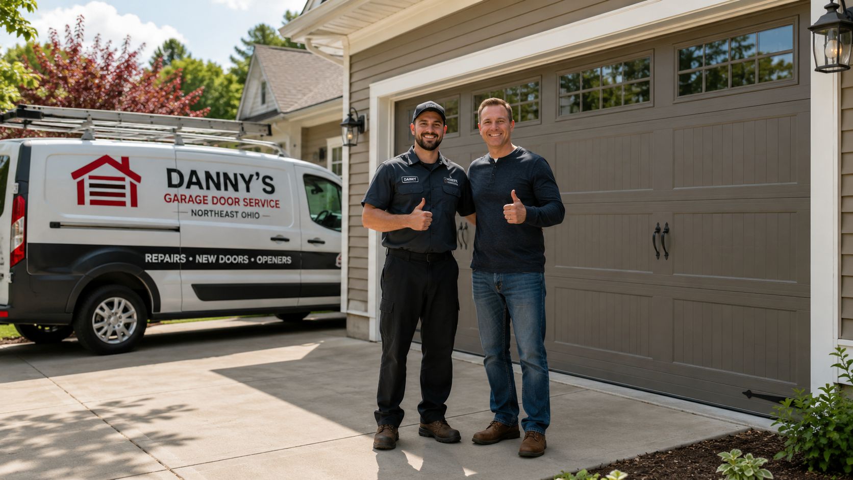 A professional technician from Danny's Garage Door Service standing with a happy customer in a driveway.