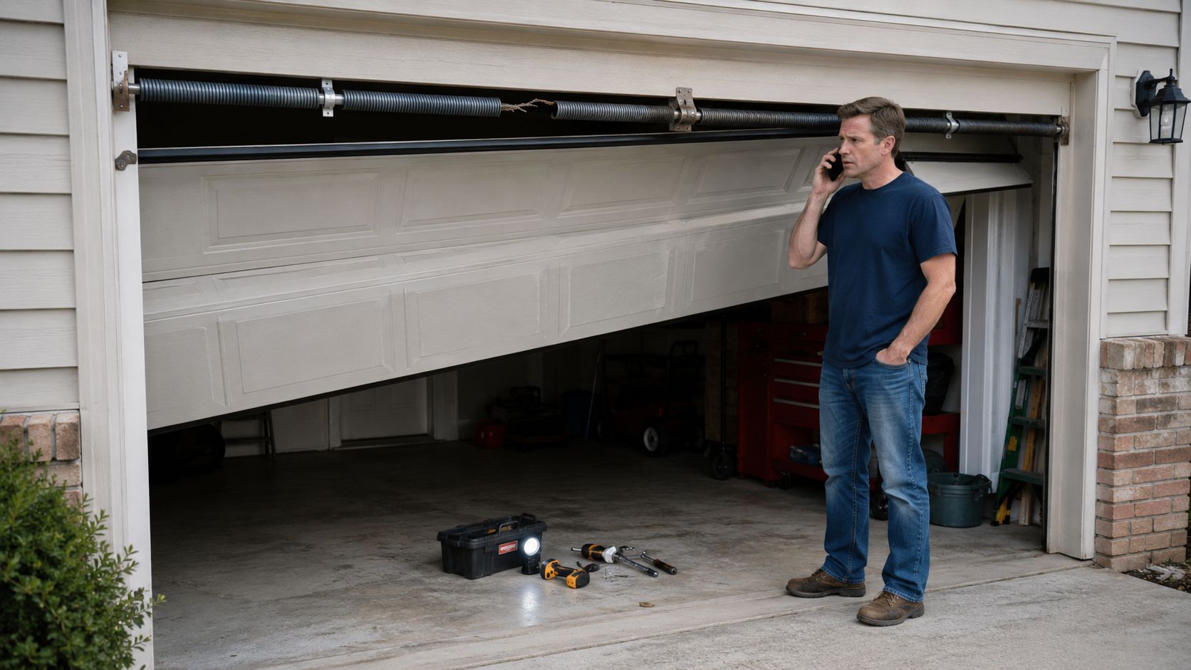 A man on a phone call stands in front of a garage with a broken door spring.