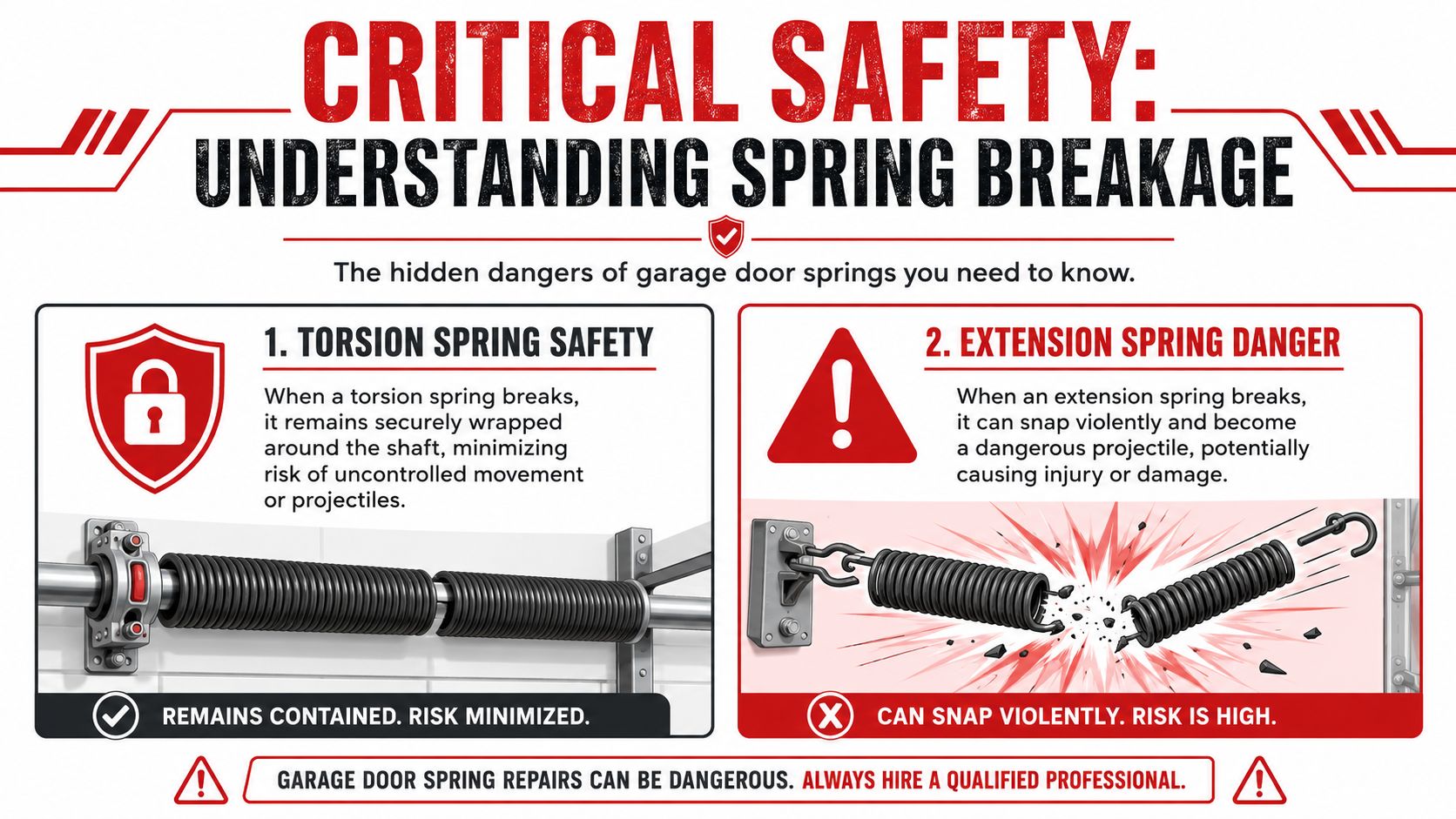 An infographic comparing safety risks between torsion and extension garage door springs, warning of breakage dangers.