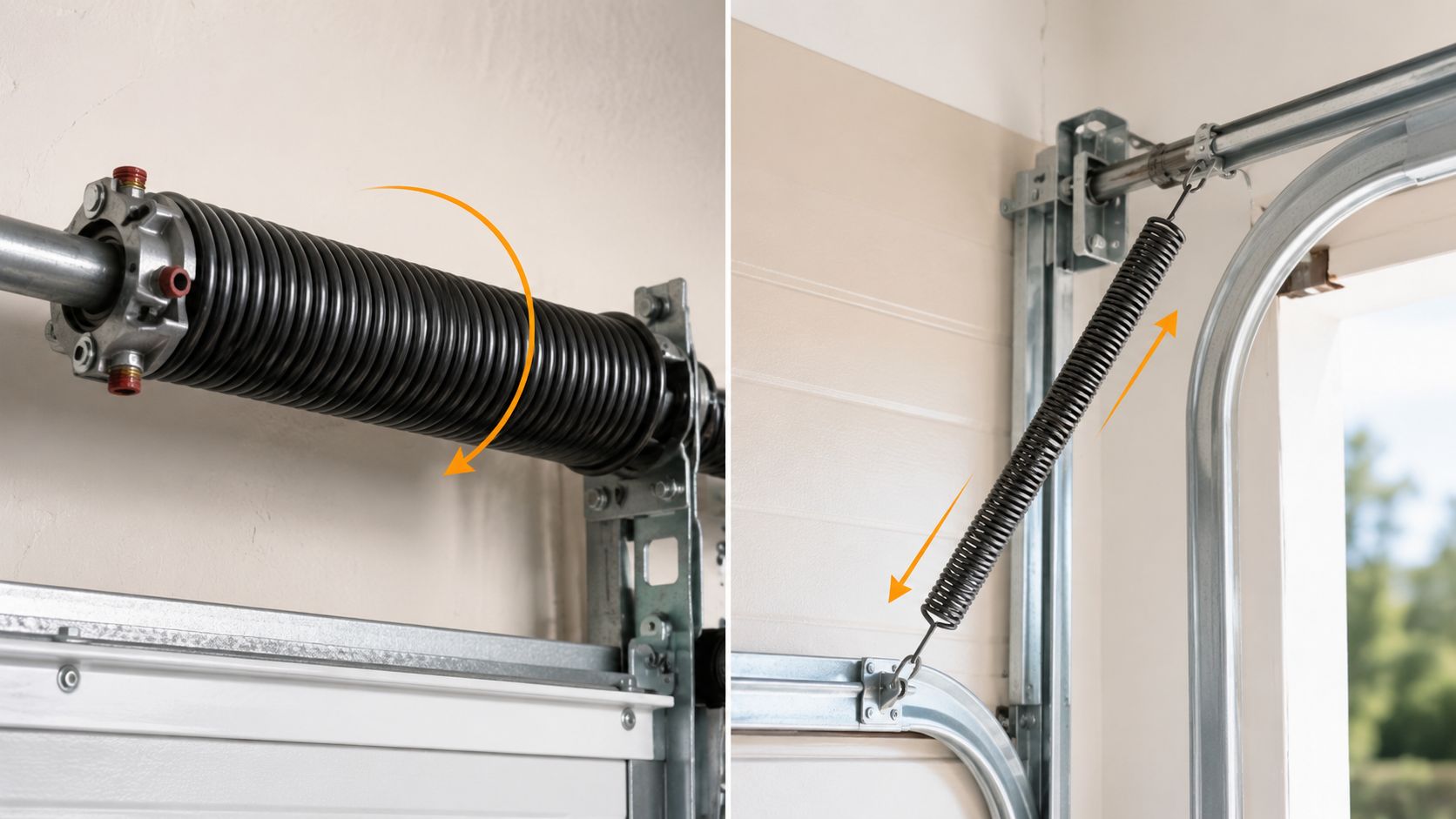 A split image showing a torsion spring assembly on the left and an extension spring on the right.