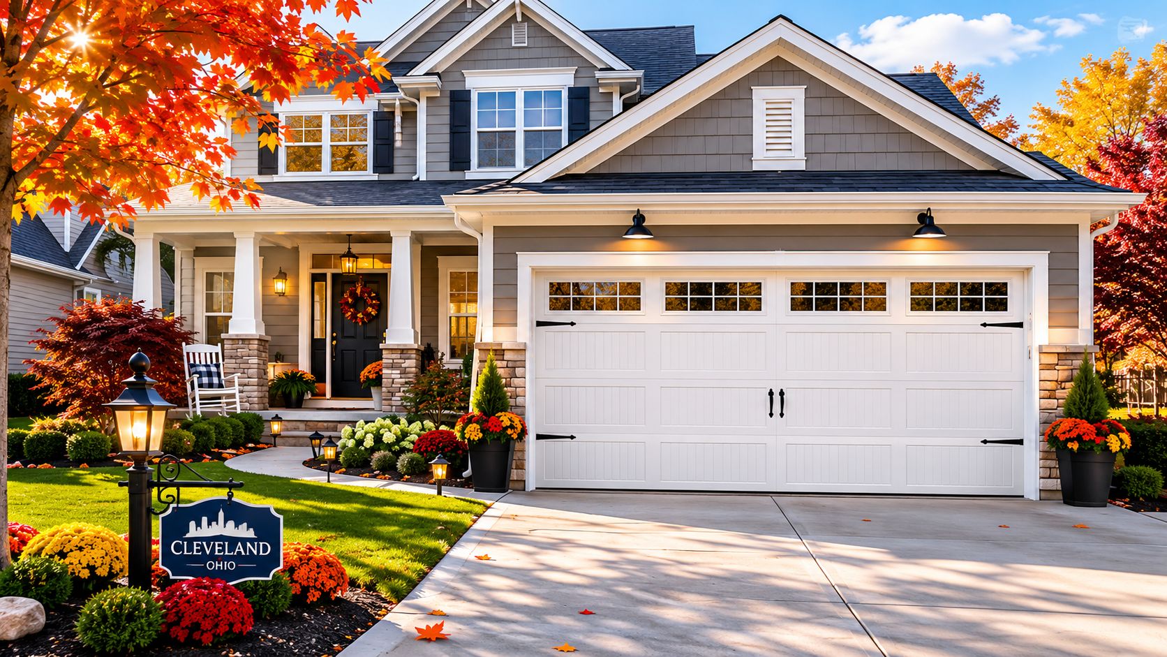 A beautiful suburban home in Cleveland, Ohio with a white garage door and colorful autumn fall foliage.