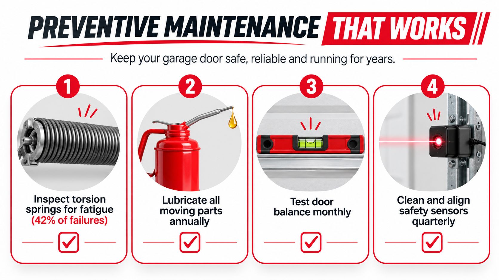 An infographic showing four steps for preventive maintenance of garage doors including springs, lubrication, balance, and sensors.