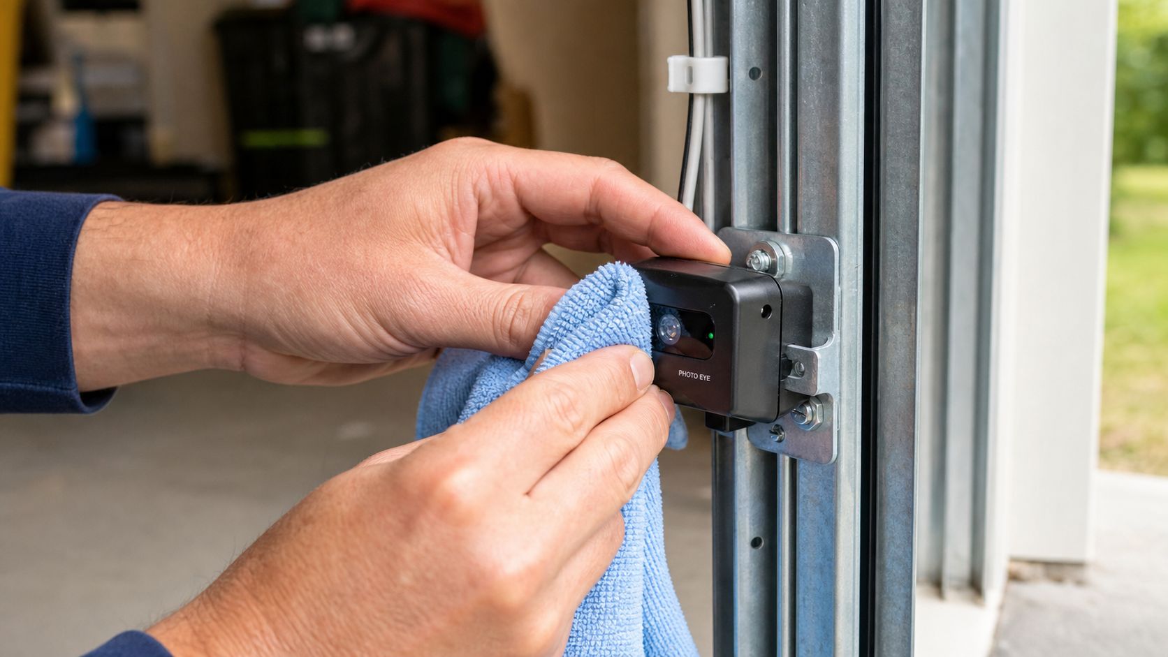 A person cleaning a garage door safety sensor with a blue microfiber cloth to ensure alignment.