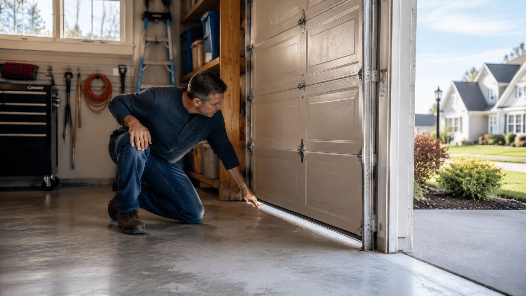 A middle-aged man kneeling on a garage floor while inspecting the bottom seal of a garage door.