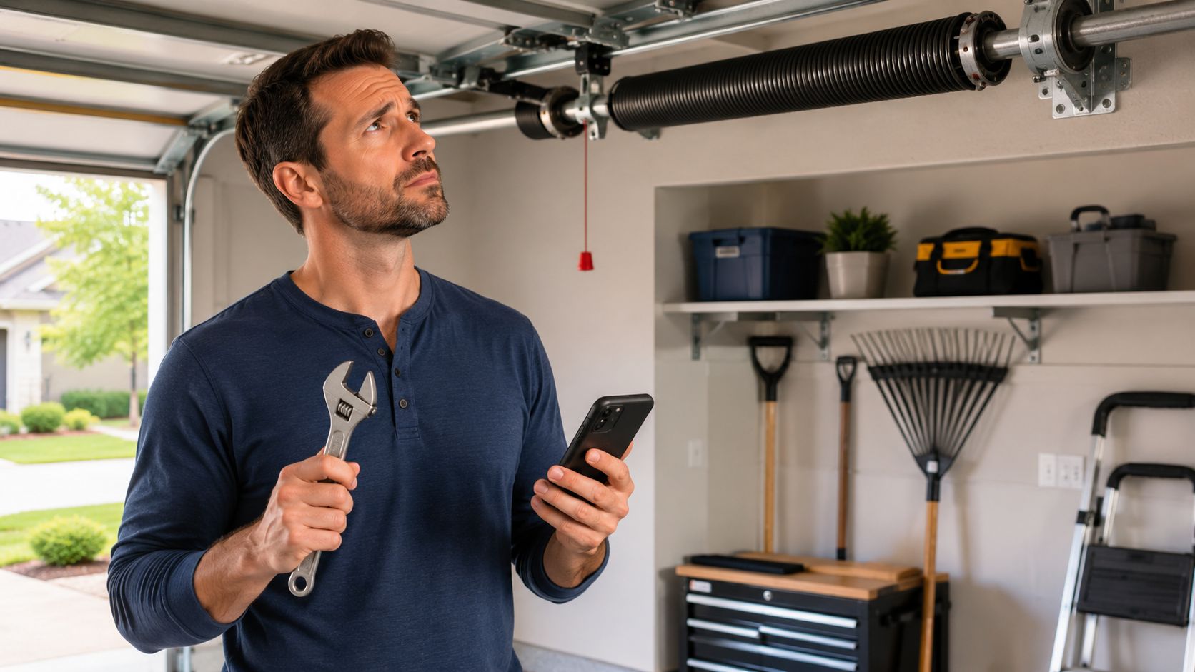A man holding a wrench and a smartphone while looking up at a garage door spring system.