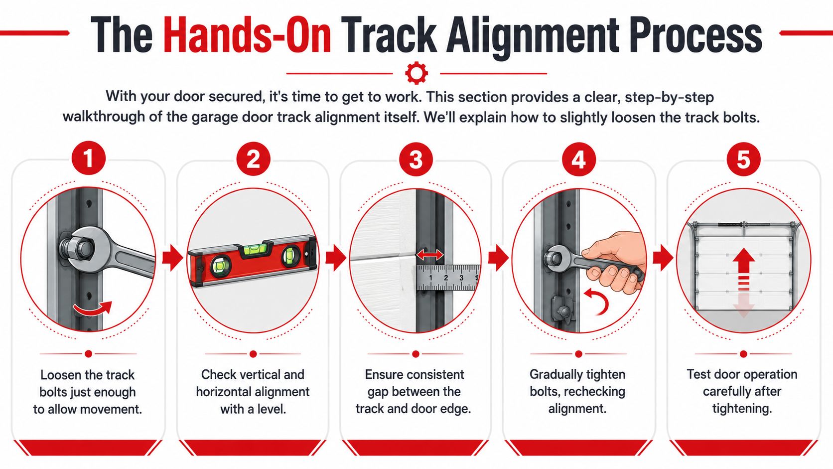 A five-step infographic showing the manual process for aligning a garage door track using tools.