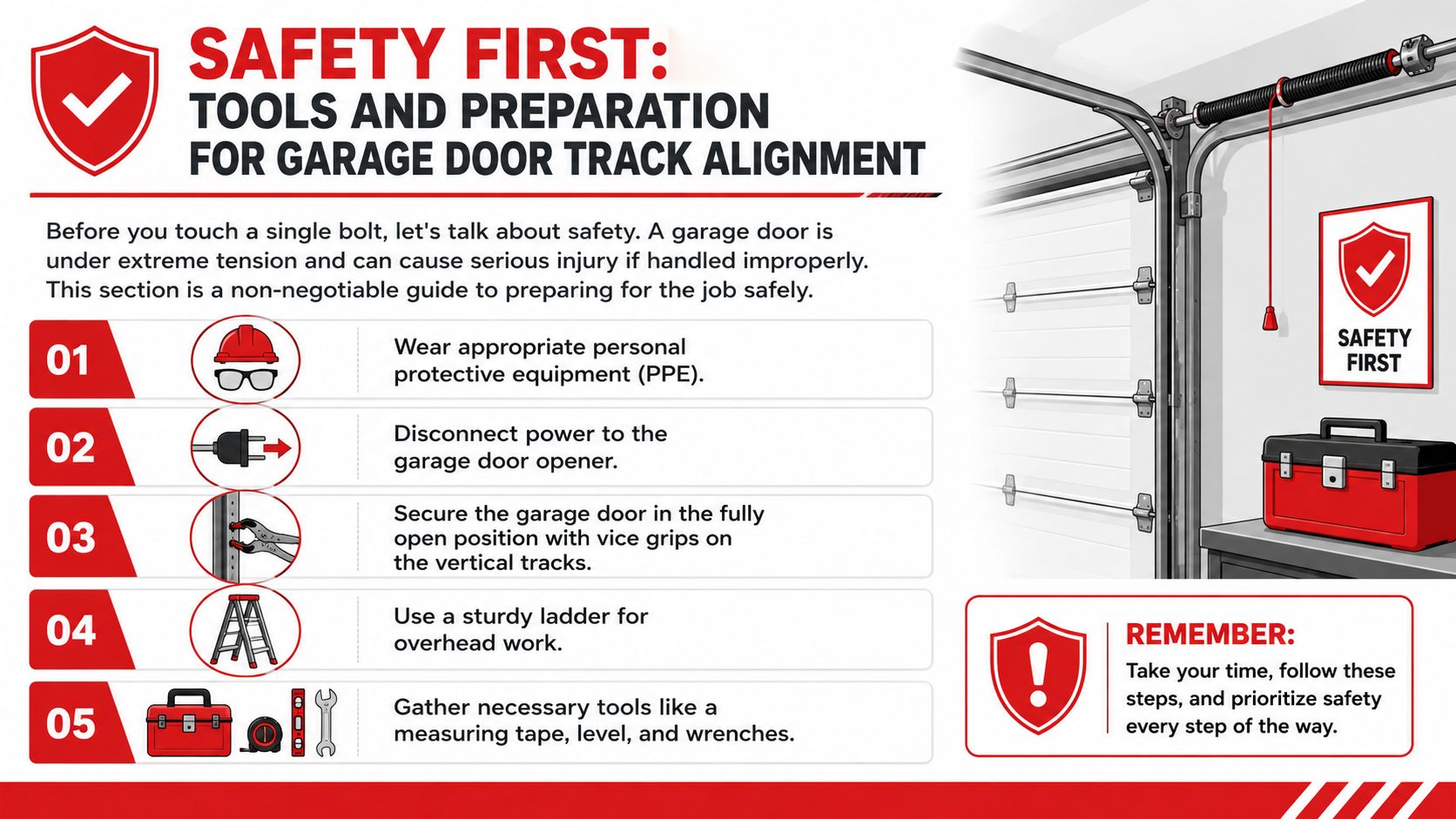 A safety infographic illustrating essential tools and preparations for garage door track alignment and repair procedures.