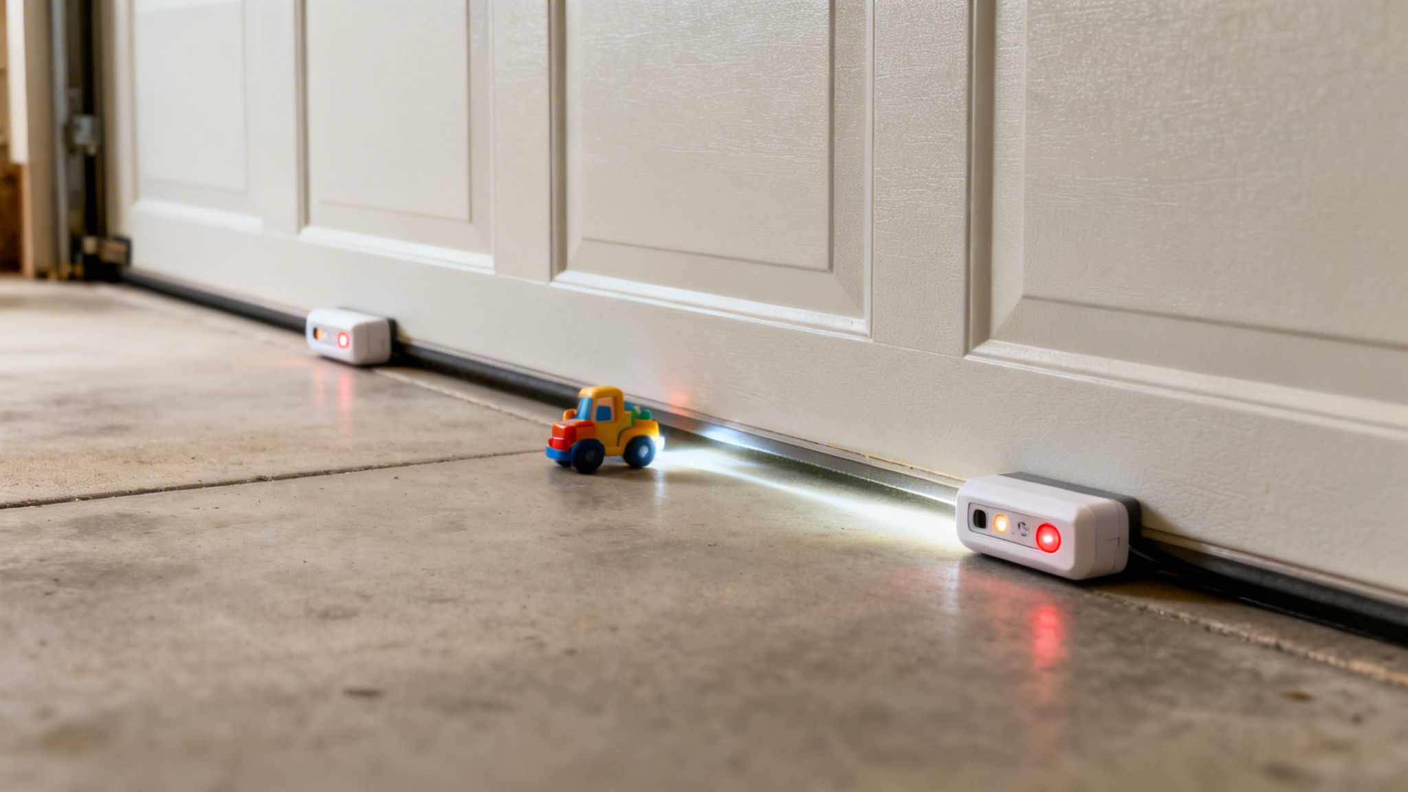 Garage door safety sensors detecting a small toy truck, preventing the door from closing.