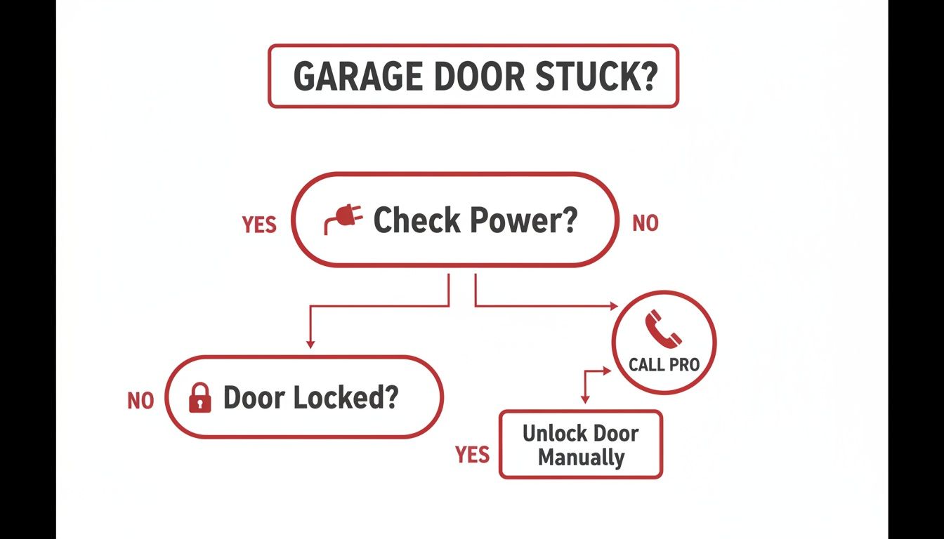 A troubleshooting flowchart for a stuck garage door, guiding to check power, lock, or call a professional.