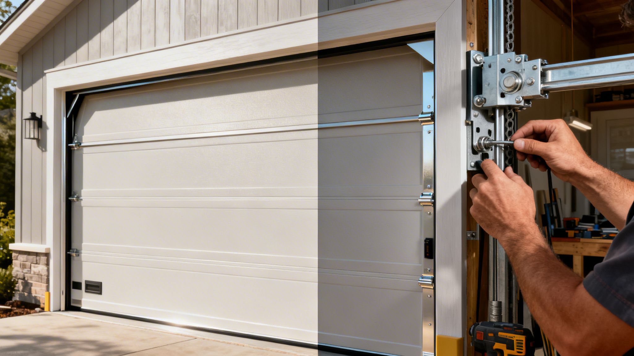 A professional technician carefully installing or repairing a modern sectional garage door on a residential home.