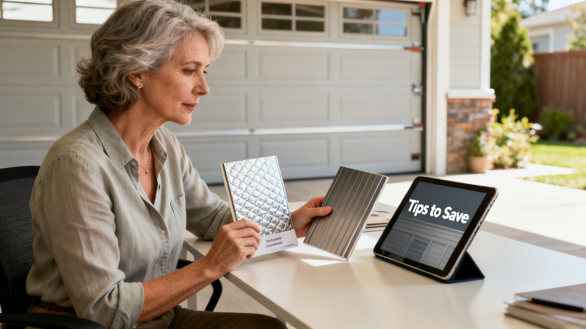 A mature woman comparing material samples while viewing garage door information on her digital tablet outdoors.