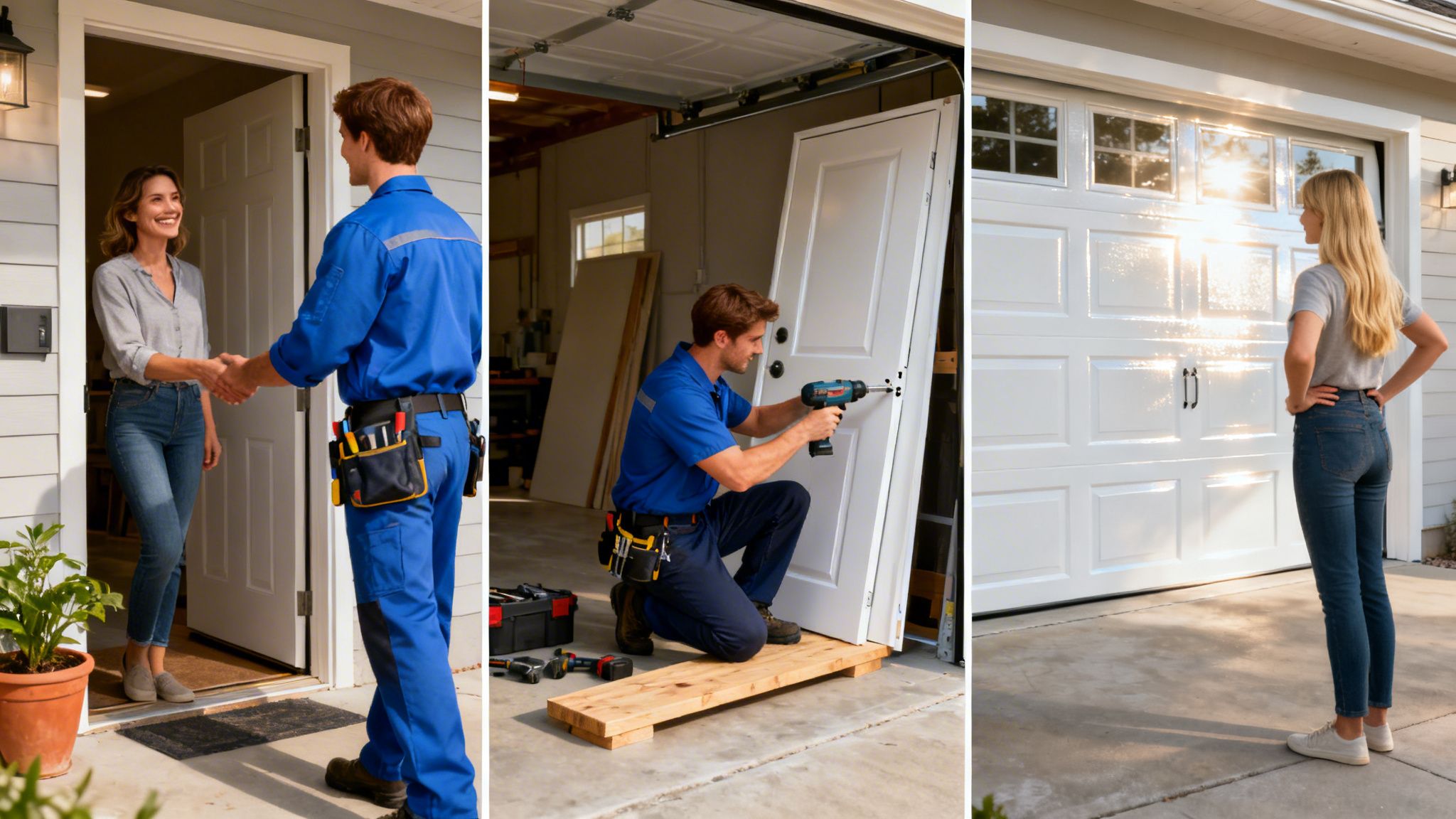 A professional technician installing a garage door for a client at their home residence.
