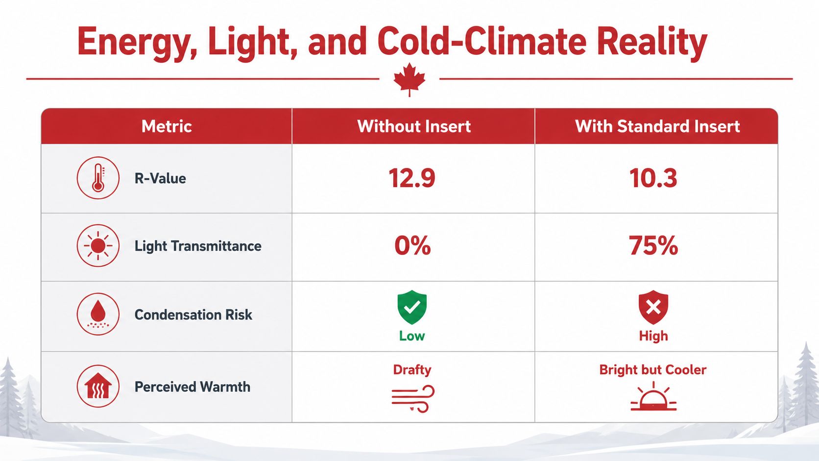 A comparison chart showing how garage window inserts affect insulation, light, condensation risk, and perceived indoor warmth.