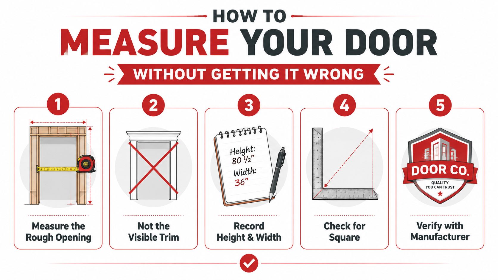 A five-step guide illustration showing how to properly measure a door frame for installation.