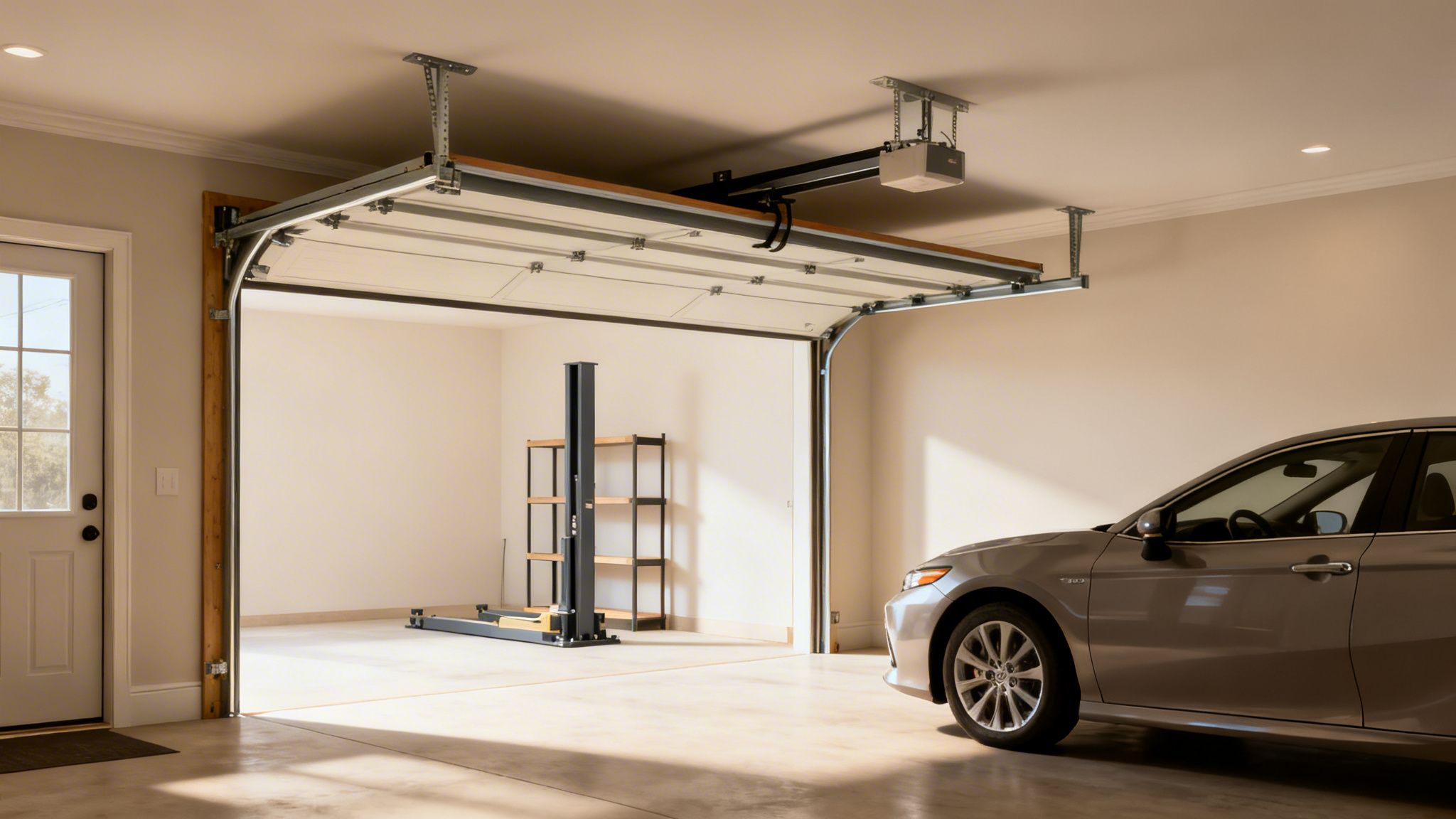 A bright garage featuring a high-lift garage door partially open, a silver car, and a car lift.
