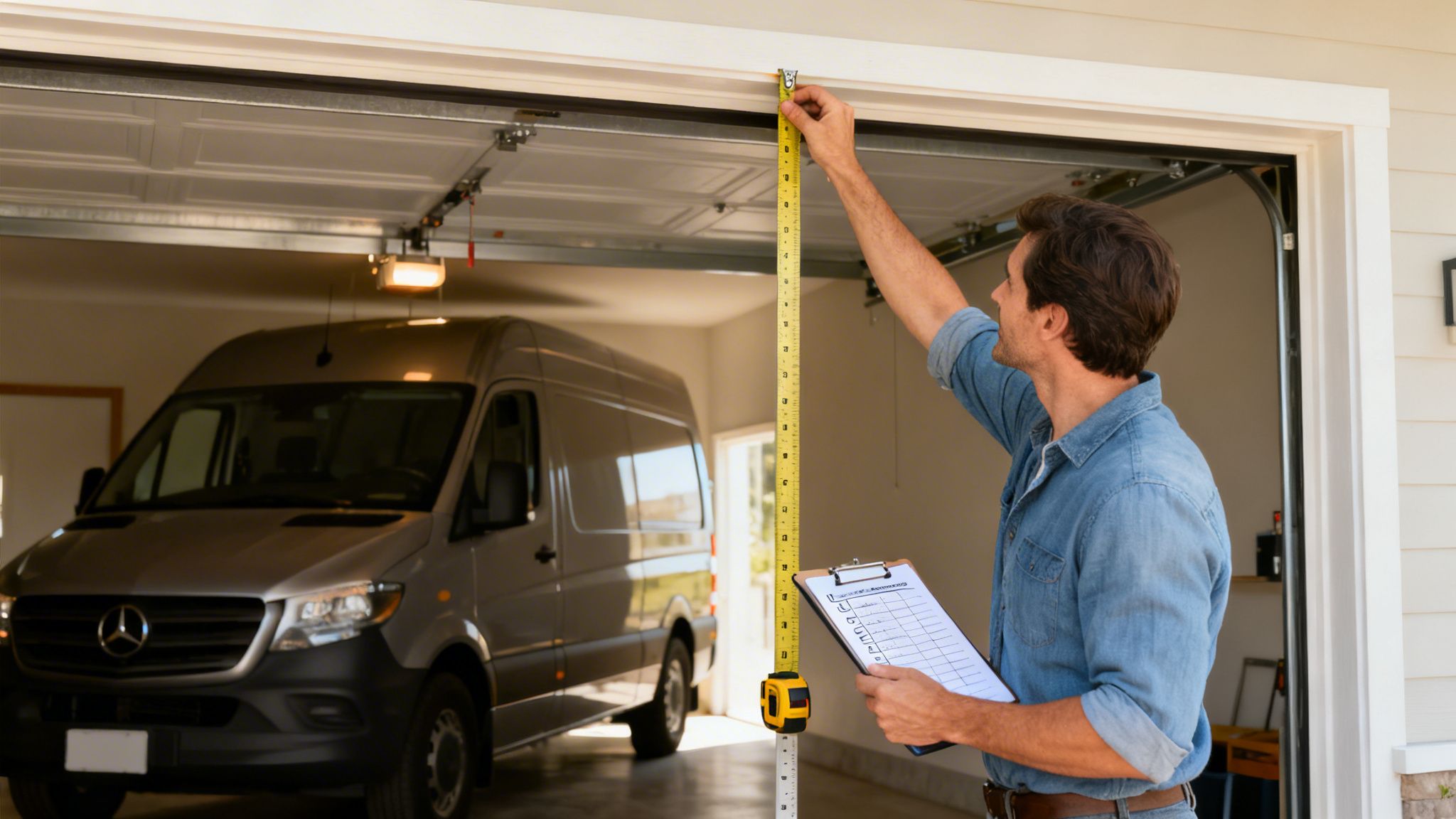 Man measuring garage door opening height with a tape measure, clipboard in hand, a van inside.