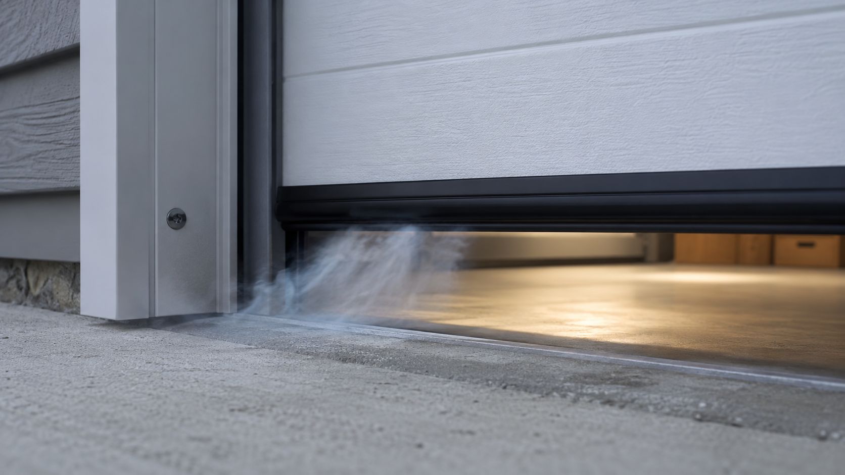 A close-up view of a partially open garage door with visible smoke or vapor escaping underneath.