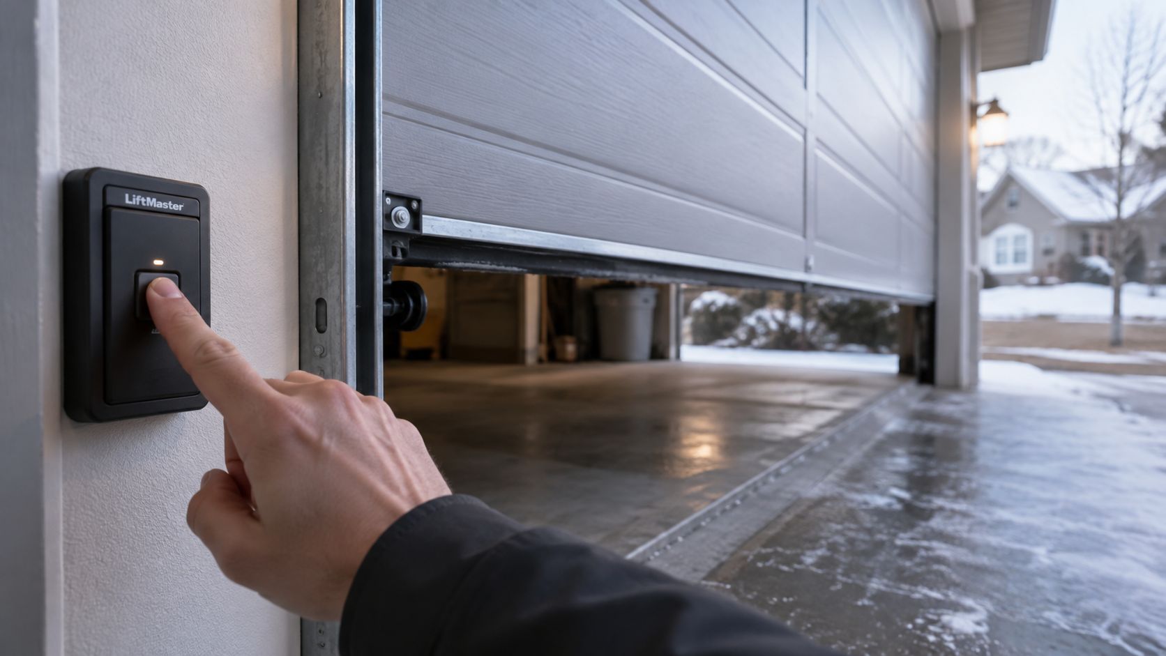 A person presses the LiftMaster garage door opener button to close the door in a winter setting.
