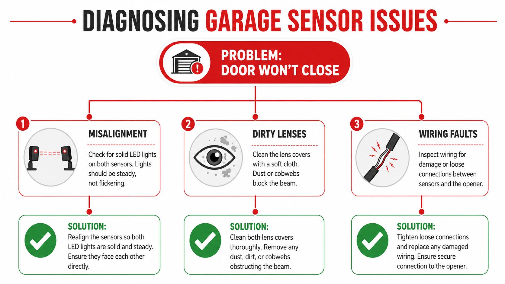 A diagnostic chart illustrating common causes and solutions for garage door sensor issues that prevent closing.