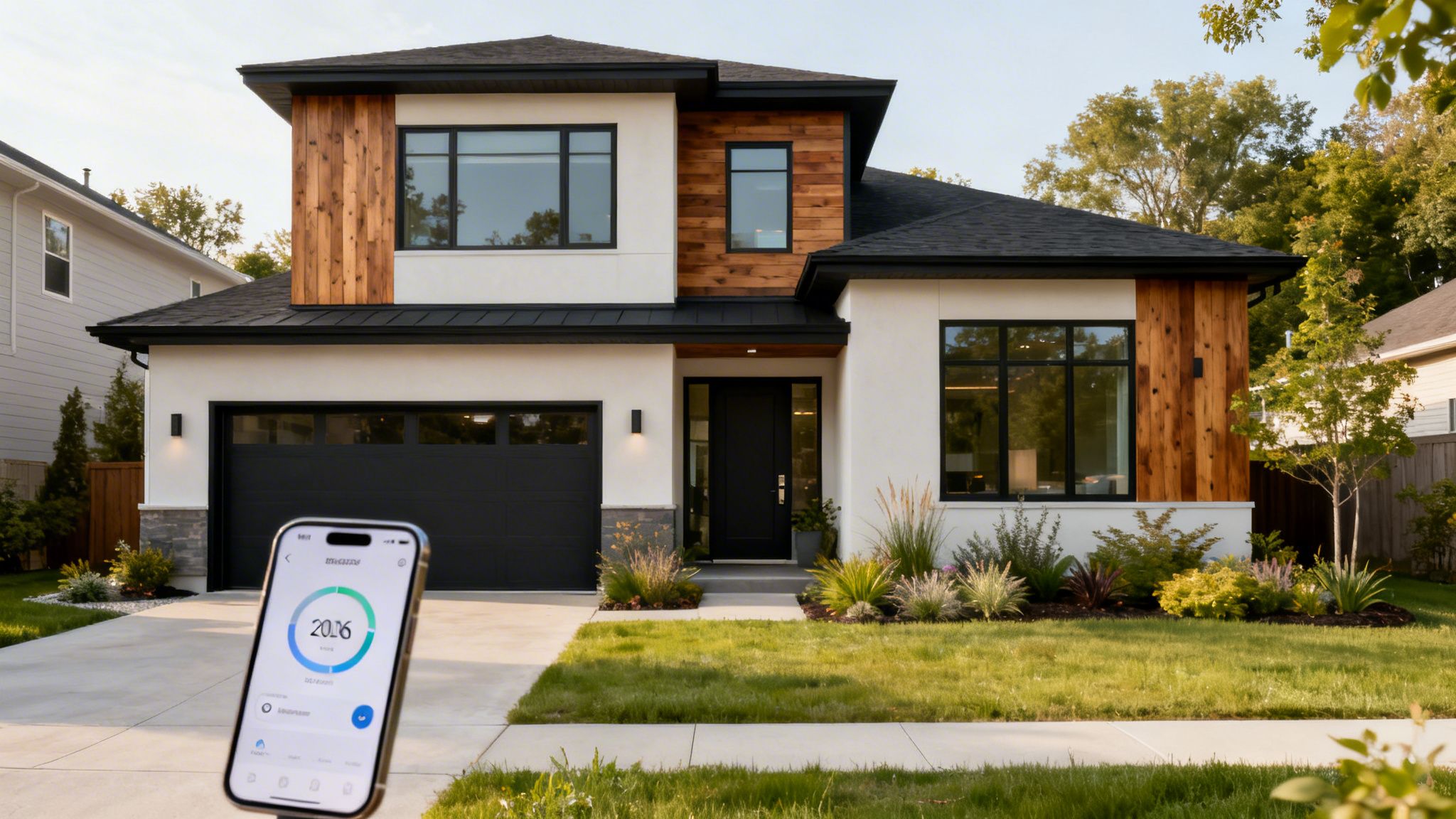 A modern house exterior with white stucco, wood paneling, black garage, and a smart home app on a phone.