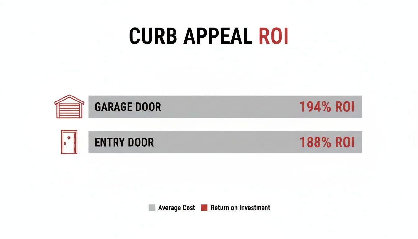 A bar chart comparing curb appeal return on investment for garage doors (194%) and entry doors (188%).