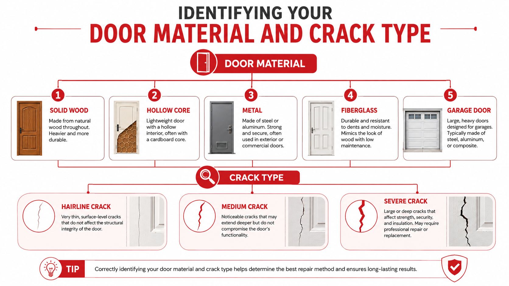 An infographic titled Identifying Your Door Material and Crack Type, explaining door materials and common crack classifications.