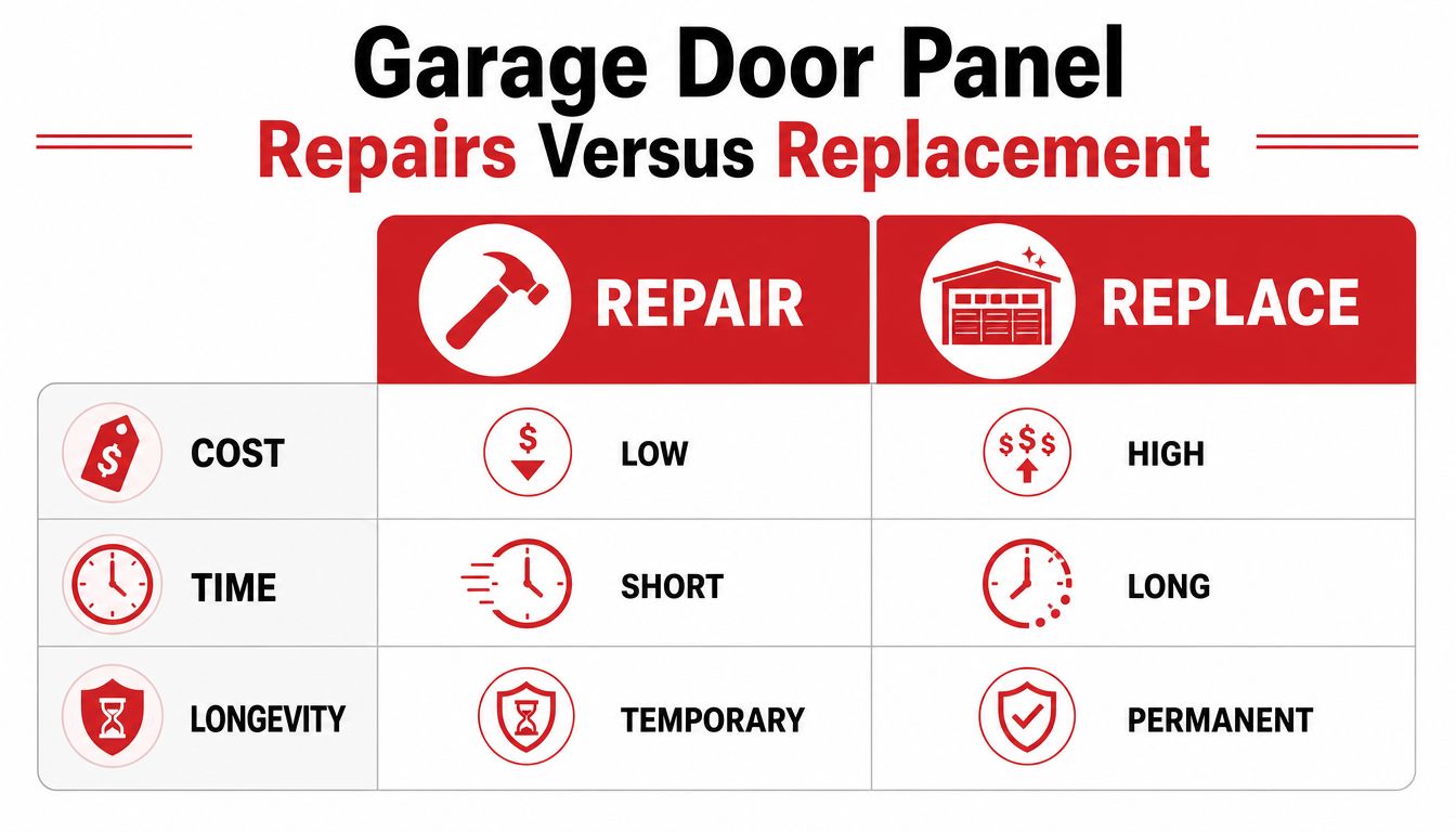 A comparison chart showing the differences between garage door panel repair and replacement in terms of cost, time, and longevity.