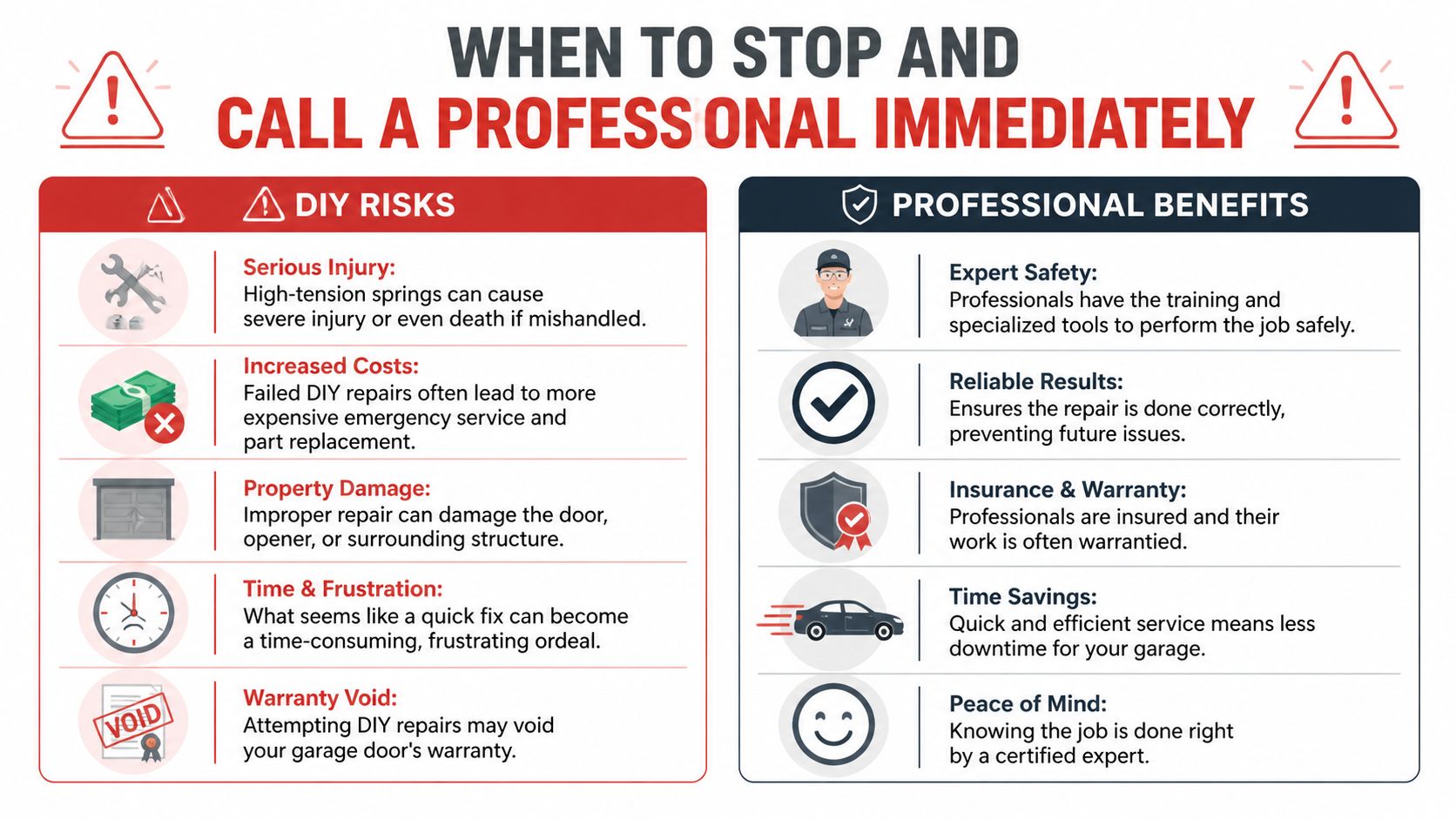 An infographic comparing DIY risks with professional benefits for garage door repair, highlighting safety and expert reliability.