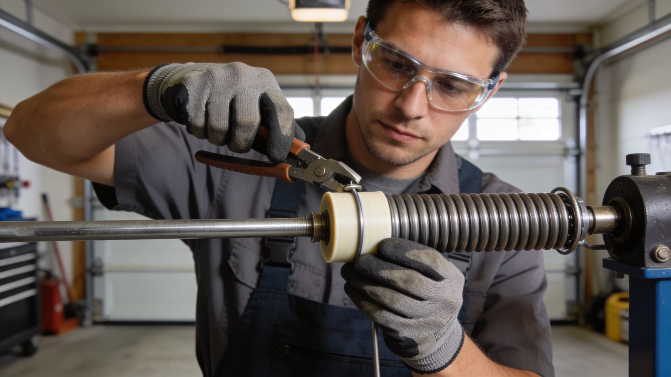 A technician wearing safety glasses and work gloves repairing a garage door torsion spring in a garage.